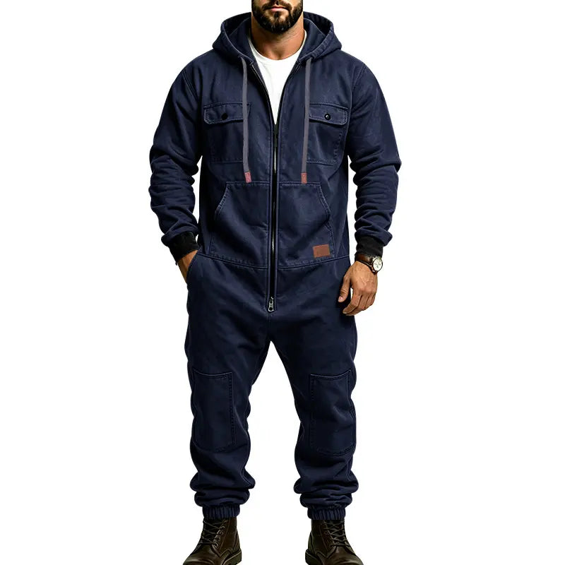 Men’s Hooded Cargo Jumpsuit for Men, Multi-Pocket Zip Front Workwear Coveralls, Relaxed Fit Long Sleeve Utility One Piece Outfit, Outdoor Work Hiking Camping Travel Streetwear Casual Overall with Elastic Cuffs and Drawstring Hood