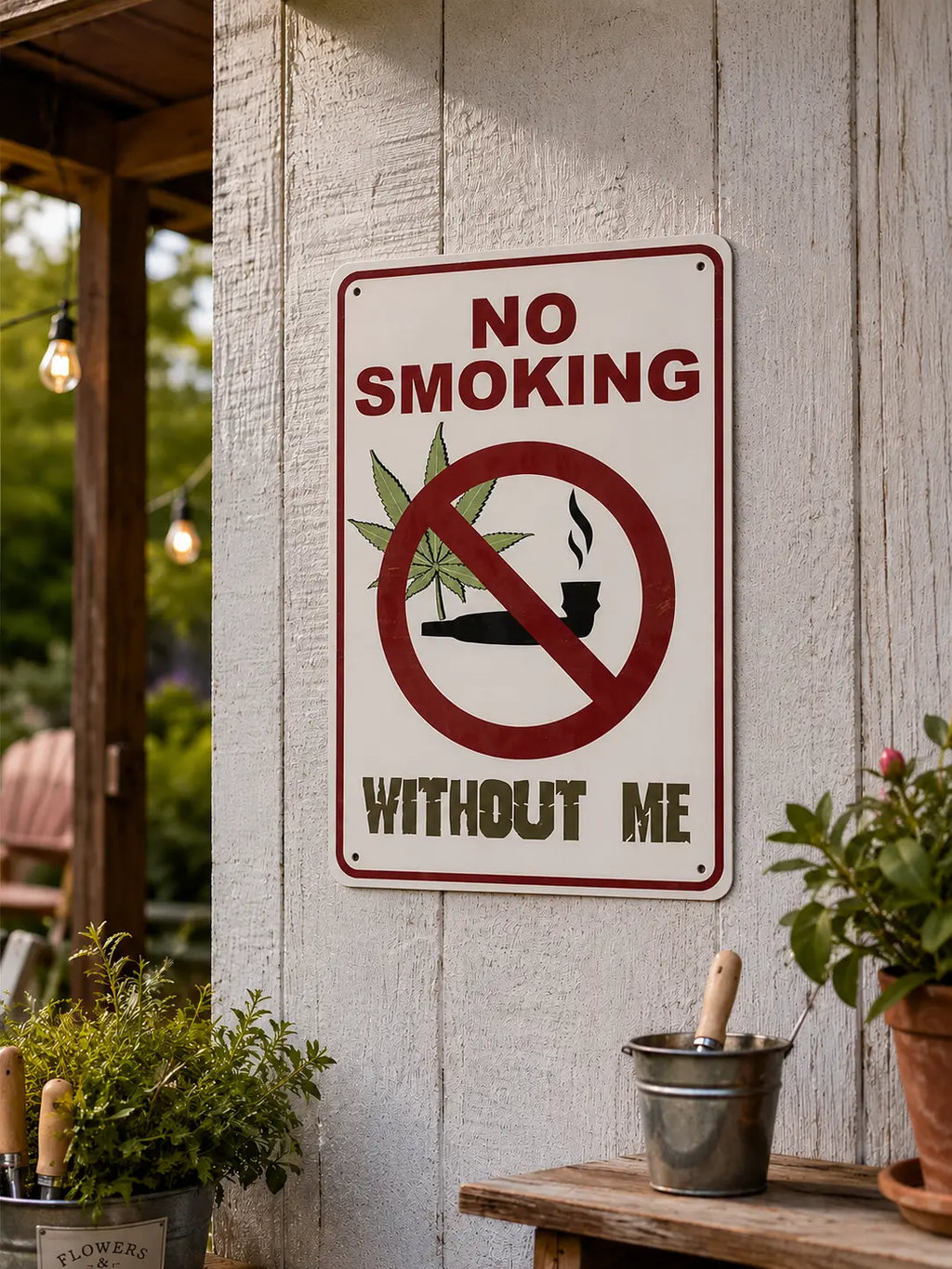 Funny Weed Art Metal Wall Decor Sign - "No Smoking Without Me"