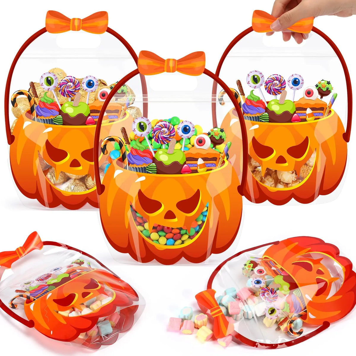 Halloween Vintage Pumpkin Skeleton Plastic Trick or Treat Goodie Bags Set (24/50 Pack)