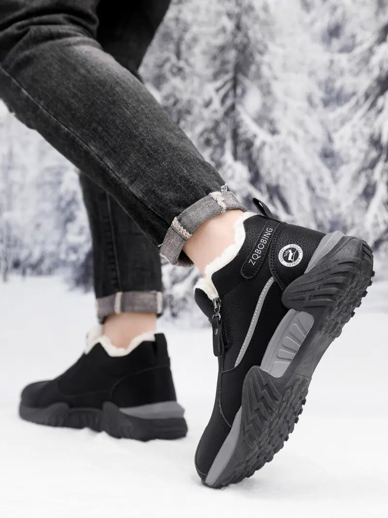 Unisex Winter Snow Casual Ankle Boots, Suede-Look Upper, Side Zip, Fleece-Lined Warm, Thick PVC Sole