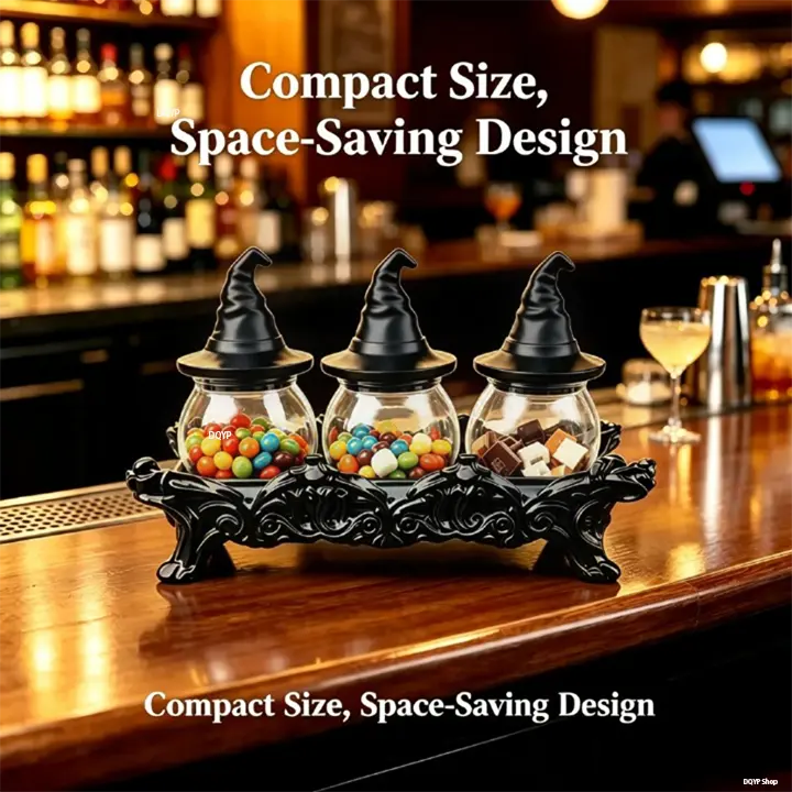 Witch Hat Spice Jar Set of 3 with Gothic Display Stand, Premium Glass Apothecary Spice Jars & Seasoning Containers for Salt, Pepper, Herbs, Spices, Halloween Kitchen Decor, Witchy Home Organization, Gothic Home Decor & Unique Gift