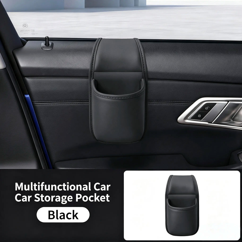 Leather car door storage pocket - double-layer compartments, scratch-proof flannel lining, residue-free adhesive, organizes keys & phones, keeps car interiors tidy, fits most sedans, SUVs and trucks for daily driving