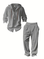 2-Piece Set Men's lightweight Trendy Hooded，Made From Soft Linen，Casual Vacation Style, Loose Fit Breathable Fabric,Long Hoodie & Wide-Leg Pants, Summer Wear outdoorfun Sweatshirt Clothes Fashion Trouser
