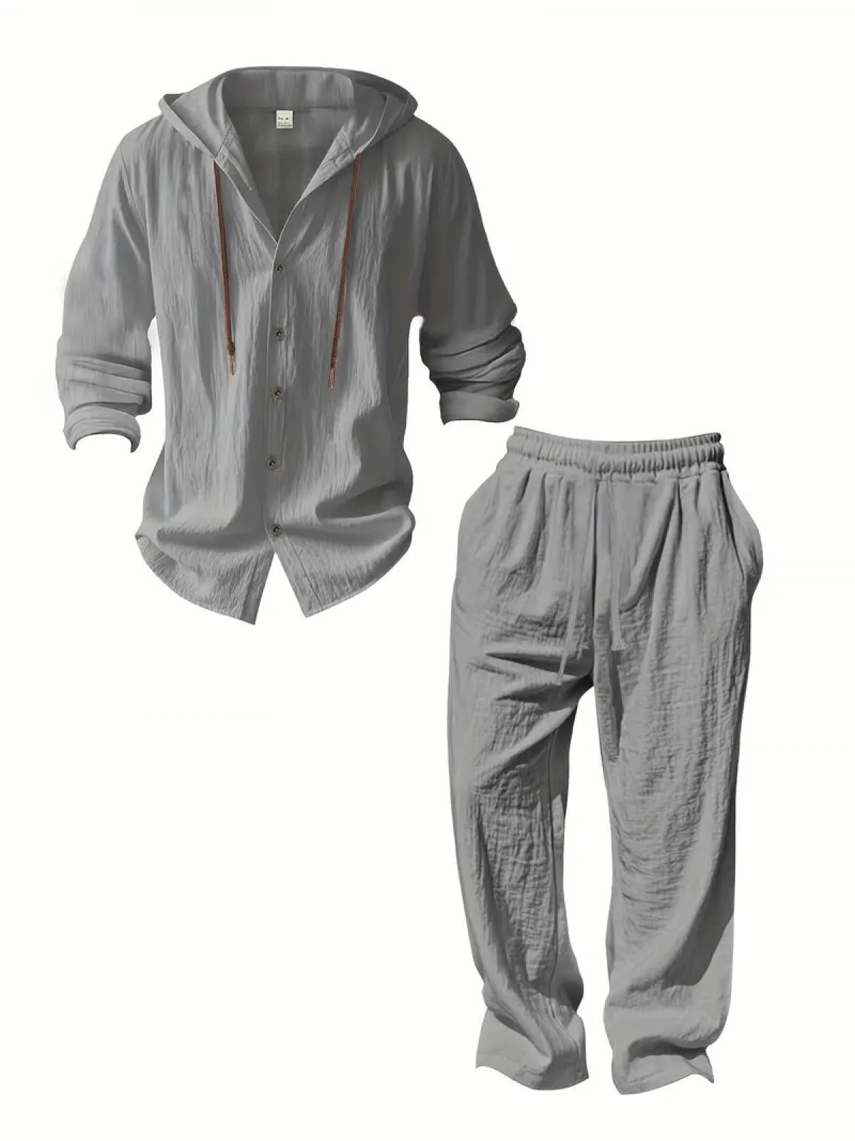 2-Piece Set Men's lightweight Trendy Hooded，Made From Soft Linen，Casual Vacation Style, Loose Fit Breathable Fabric,Long Hoodie & Wide-Leg Pants, Summer Wear outdoorfun Sweatshirt Clothes Fashion Trouser