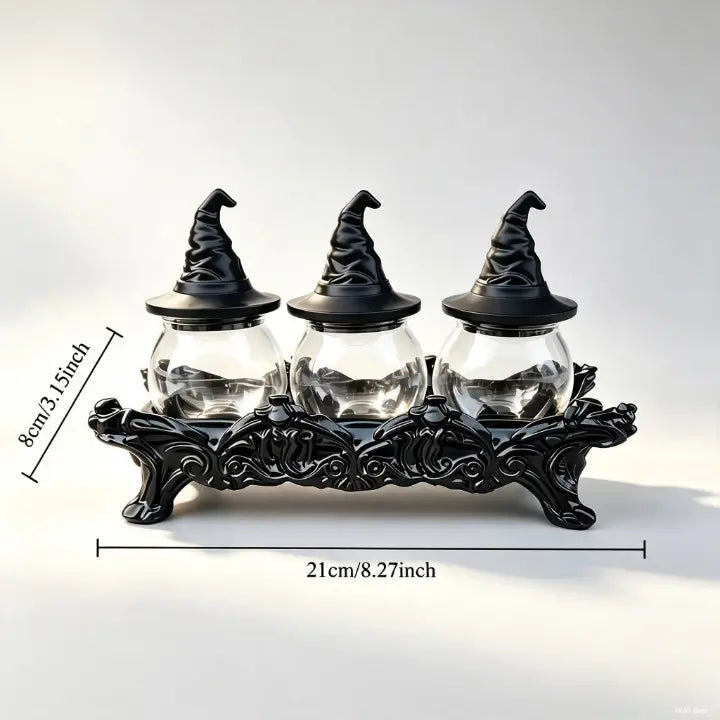 Witch Hat Spice Jar Set of 3 with Gothic Display Stand, Premium Glass Apothecary Spice Jars & Seasoning Containers for Salt, Pepper, Herbs, Spices, Halloween Kitchen Decor, Witchy Home Organization, Gothic Home Decor & Unique Gift