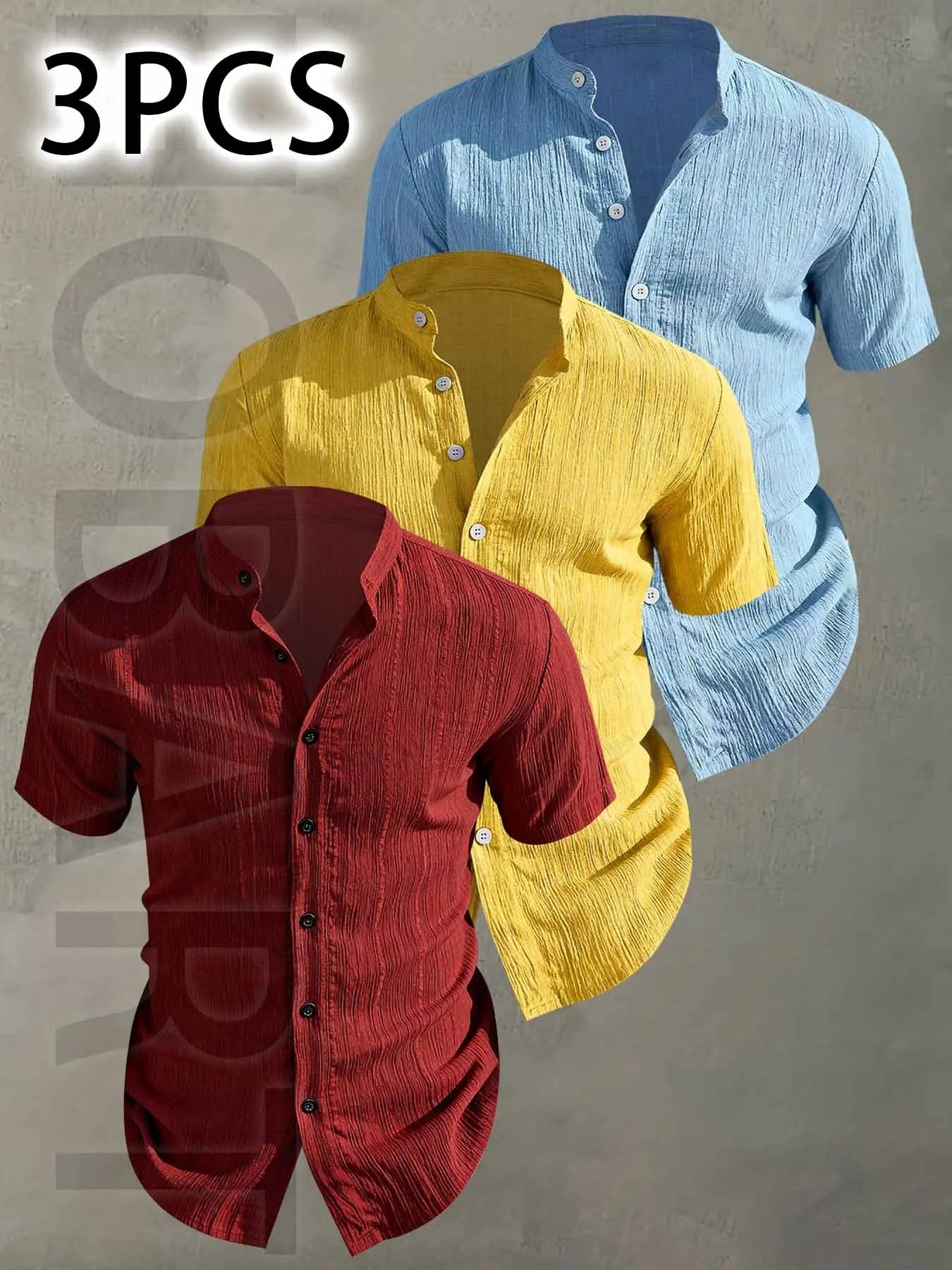 3pcs Men's Summer Lightweight Casual Button-Up Shirts with Stand Collar