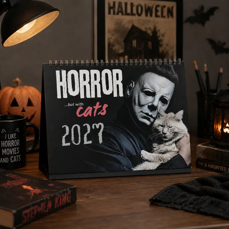 2027 Whimsical Cat Wall Calendar with Funny Horror Movie Villains and 12 Monthly Art Prints