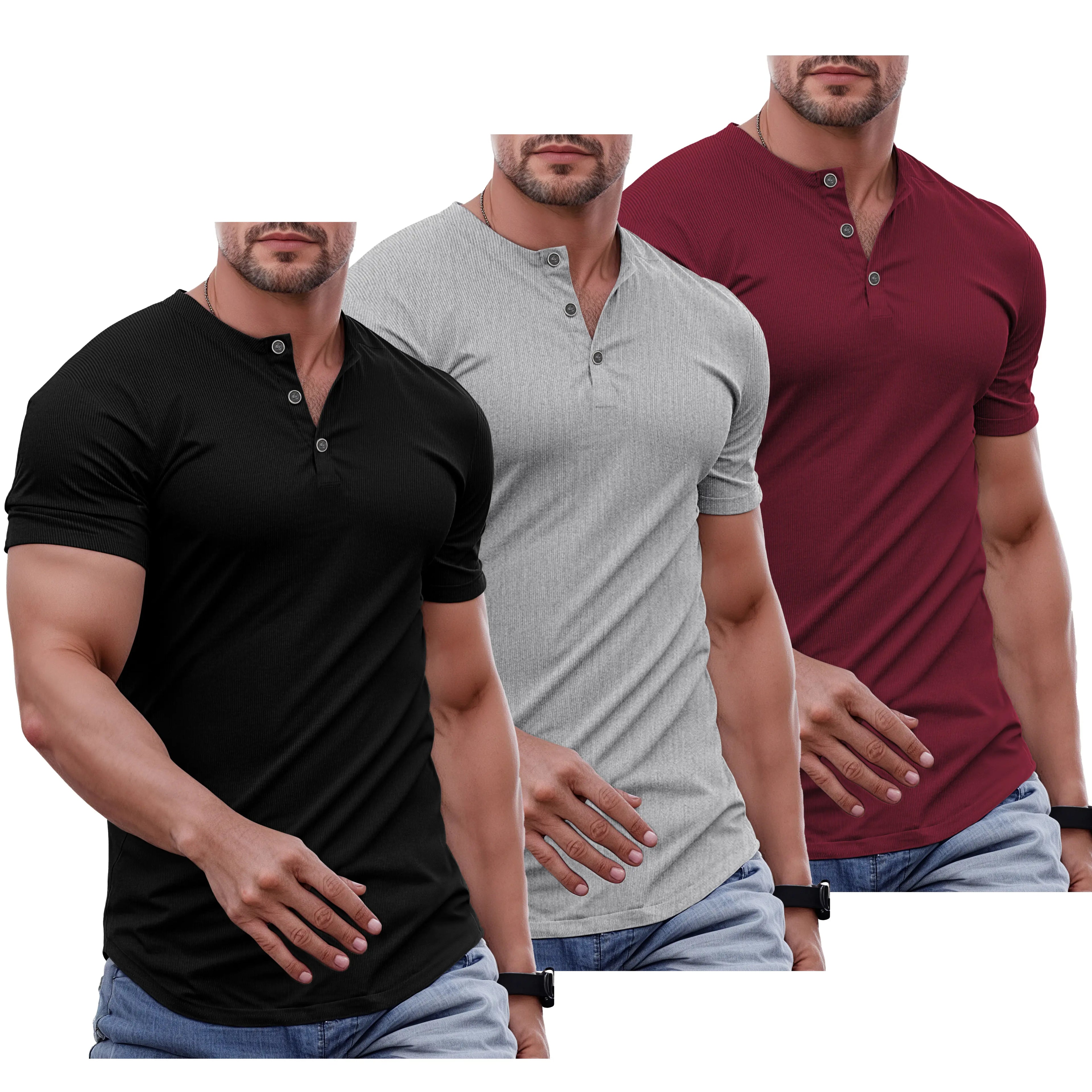 Men's Slim Fit Henley Athletic Longline Workout T-Shirt Heavyweight Stretch