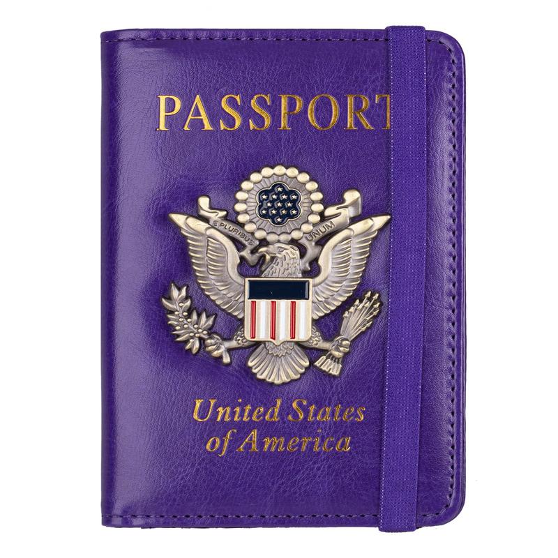 RFID Blocking Leather Passport Holder with 3D Metal Badge for Men and Women