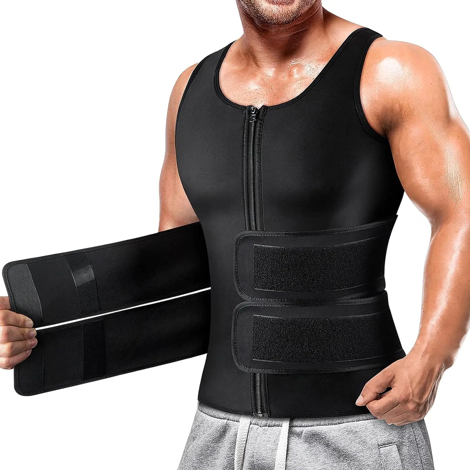 Sauna Vest, Double Belt Sauna Vest Waist Trainer, Men Body Shaping Waist Trainer Gym Fitness Breathable Sweat Abdominal Shaping Tank Top Muscle Sports Compression Workout Apparel