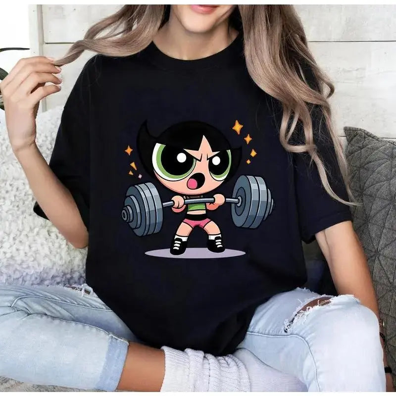 Powerpuff Girls Bubleess Vintage Gym Girl T-shirt, Cartoon Character Shirt, Fitness Workout Shirt, Weightlifters, Bodybuilding Shirt, Basic Comfort Tshirt Casual, Women, Streetwear, Unisex Cotton