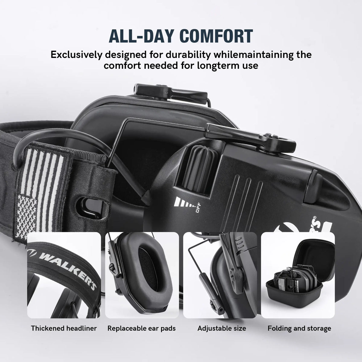 RAZOR Unisex Adjustable Tactical Ear Muffs with Velcro Patches, AAA Batteries & Aux Cable - Sports Over-Ear Noise Reduction Headset for Outdoor Shooting & Hunting
