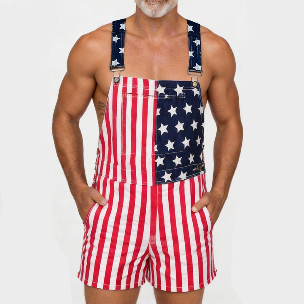 American Flag Overalls for Men and Women, Unisex Bib Pants with Soft Stretch Fabric, Breathable Summer Streetwear Outfit for Independence Day, Memorial Day, National Holiday Festivals, Parades, Parties and Casual Vacation Wear