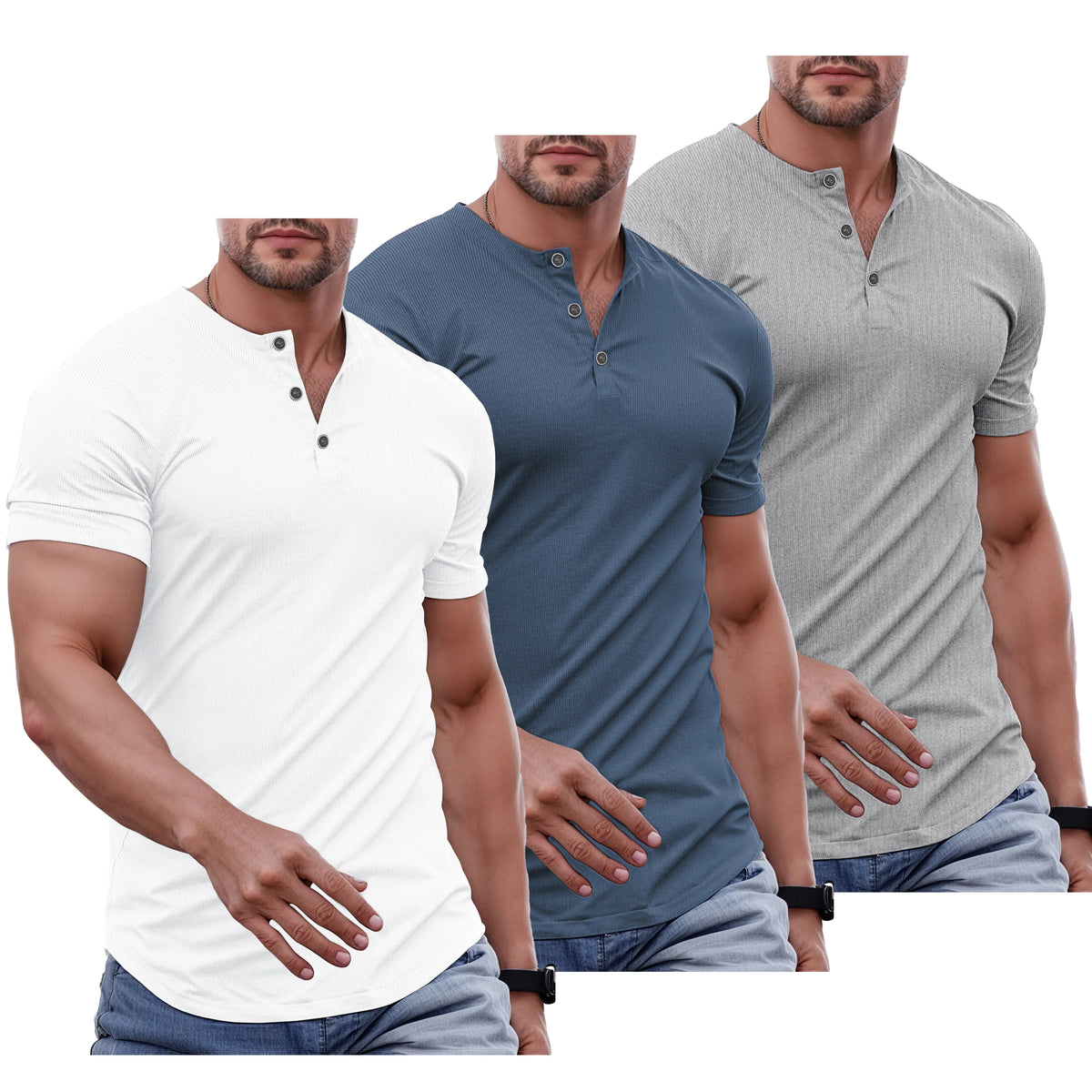 Men's Slim Fit Henley Athletic Longline Workout T-Shirt Heavyweight Stretch
