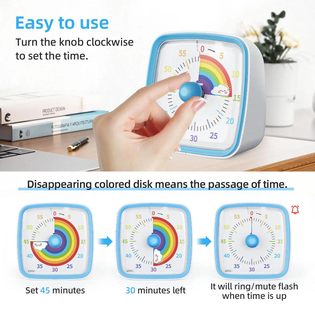 Yunbaoit VT03-Blue Rainbow 60-Minute Silent Visual Timer with Night Light, Bell & ABS Plastic Body - Kitchen Gadget, Utensil for Kids, Work, School Use