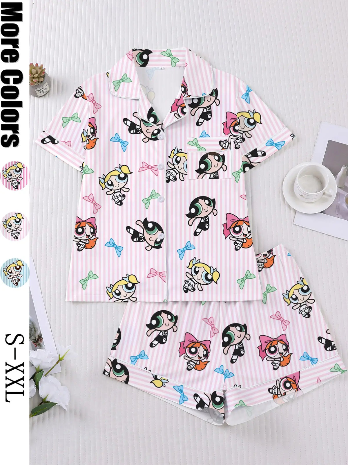 Women's Cartoon Print Short Sleeve Pajama Set with Shorts