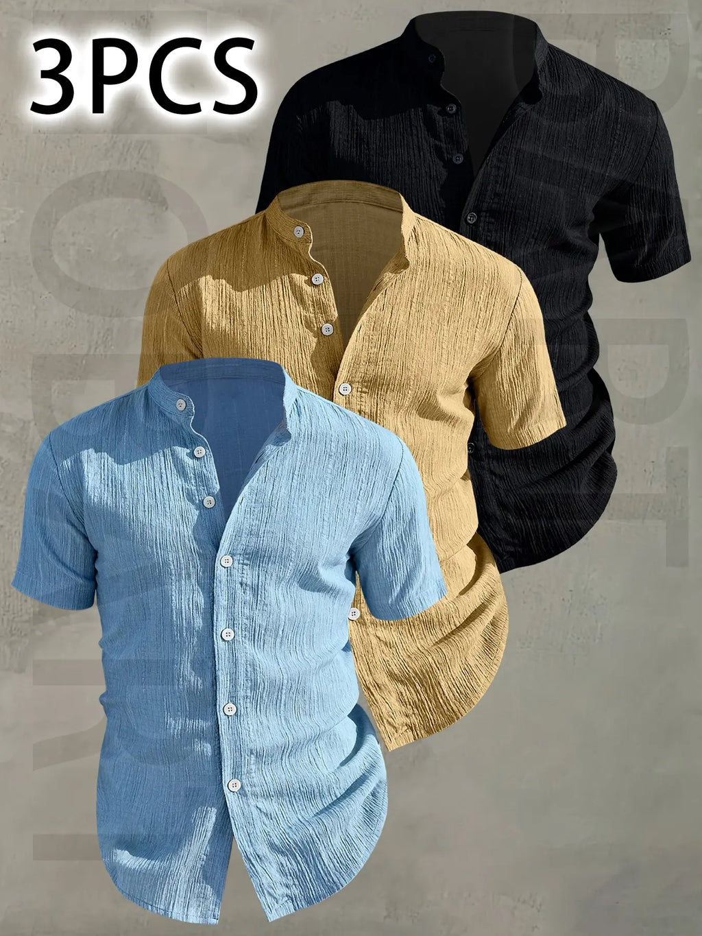 3pcs Men's Summer Lightweight Casual Button-Up Shirts with Stand Collar