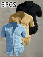 3pcs Men's Summer Lightweight Casual Button-Up Shirts with Stand Collar