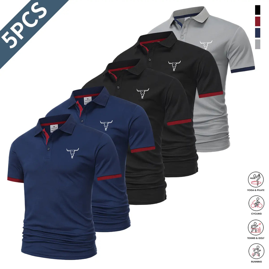 5-piece set: casual men’s short-sleeve polo shirt, quick-dry golf and tennis shirts, comfortable riding apparel, fashionable men’s sportswear; suitable for casual gatherings and holiday travel; contrast design at the neckline and sleeves.