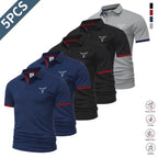 5-piece set: casual men’s short-sleeve polo shirt, quick-dry golf and tennis shirts, comfortable riding apparel, fashionable men’s sportswear; suitable for casual gatherings and holiday travel; contrast design at the neckline and sleeves.