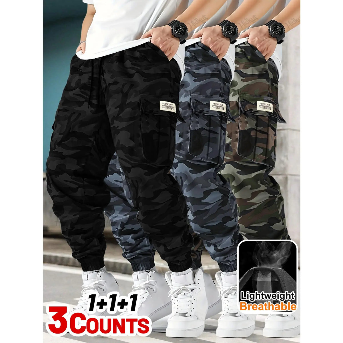 3-piece Men's Tactical Work Pants, Outdoor Camouflage Design, Training, Multi Pocket Pants, Hiking and Camping, Lightweight, Breathable, Quick Drying Sports Pants