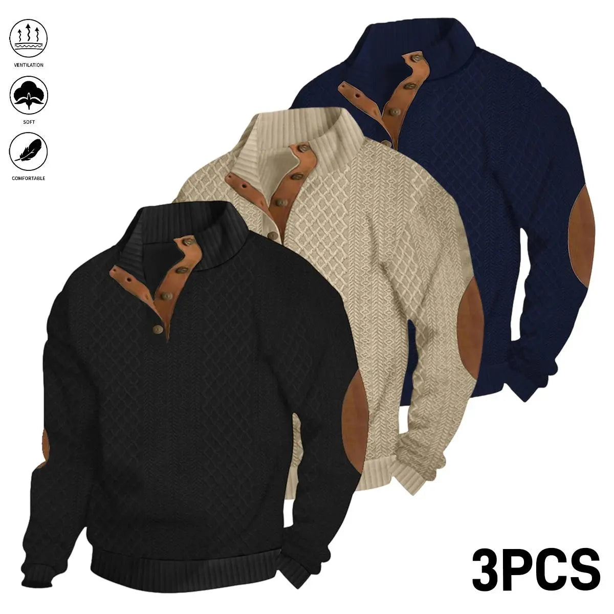 Men's 3-Pcs Jacquard Stand Collar Henley Tops - Menswear, Longsleeves, Neckline Button, Minimalist Street Sporty Chic Casual Chic Sweatshirt, Casual Wear