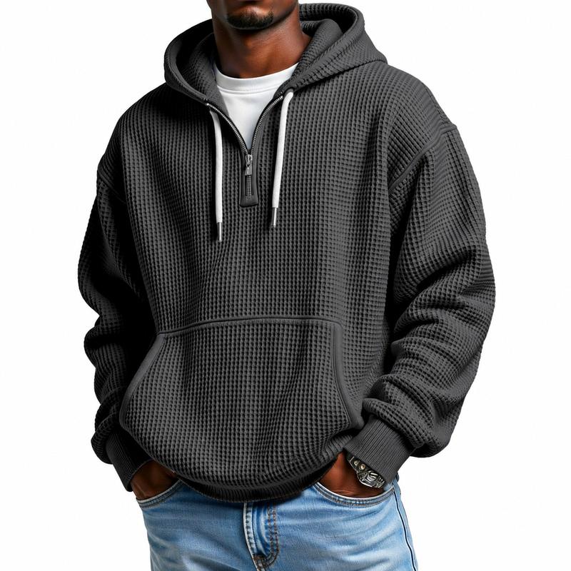Men's Waffle Knit Half-Zip Hoodie - Casual Plain Streetwear Sweatshirt, Loose Ribbed Pullover, Soft Textured Fabric, Kangaroo Pocket, Long Sleeve, Fall Winter Outdoor Daily Layer
