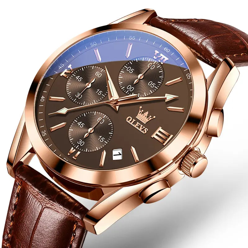 OLEVS Men's Chronograph Watch with Leather Strap, Luminous Hands and Gold Case for Daily Wear