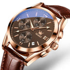 OLEVS Men's Chronograph Watch with Leather Strap, Luminous Hands and Gold Case for Daily Wear