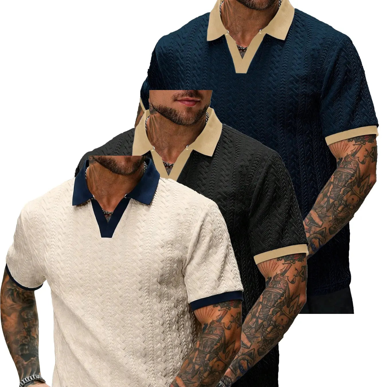 CasualCool Men's Old Money Contrast Knit Short-Sleeve Polo Shirt (Cream)
