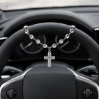Faith-Inspired Crystal Cross Car Steering Wheel Charm, Silver Tone Beaded Hanging Ornament, Spiritual Blessing Symbol Auto Interior Decor, Meaningful Gift for Drivers,toolupgrade