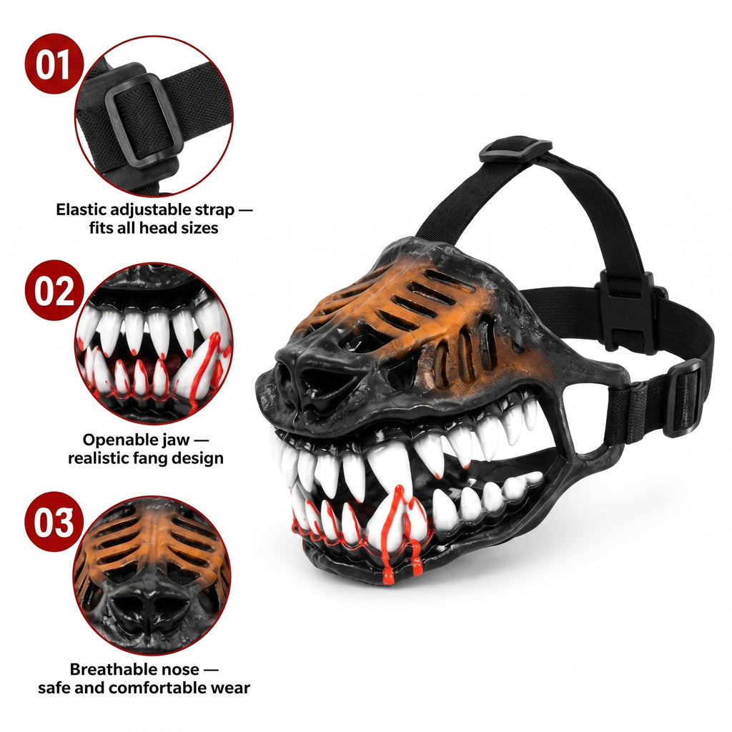 Adjustable breathable monster dog muzzle with realistic fangs