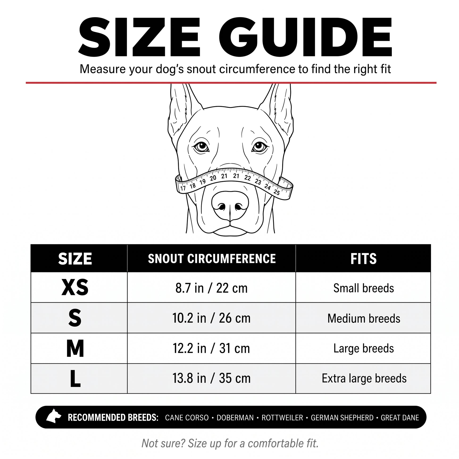 Monster dog muzzle size guide XS to L