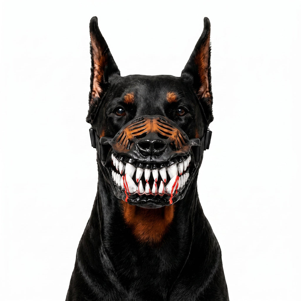 Doberman wearing scary realistic fang dog muzzle