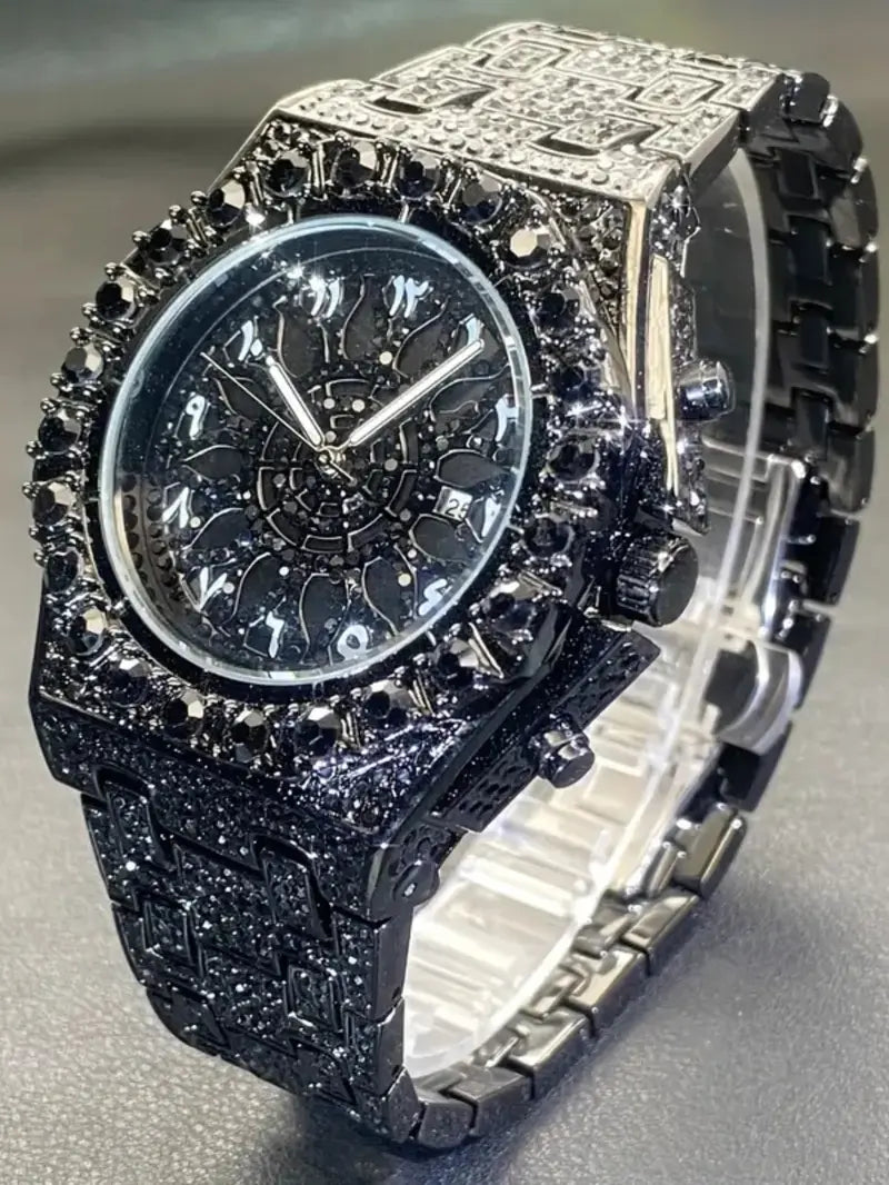 Men's Quartz Watch with Rhinestones, Luxury Ice-Dial Hip-Hop Watch with Full Artificial Water Diamonds, Rhinestone Decorated Watch, Fashionable Stylish Watch