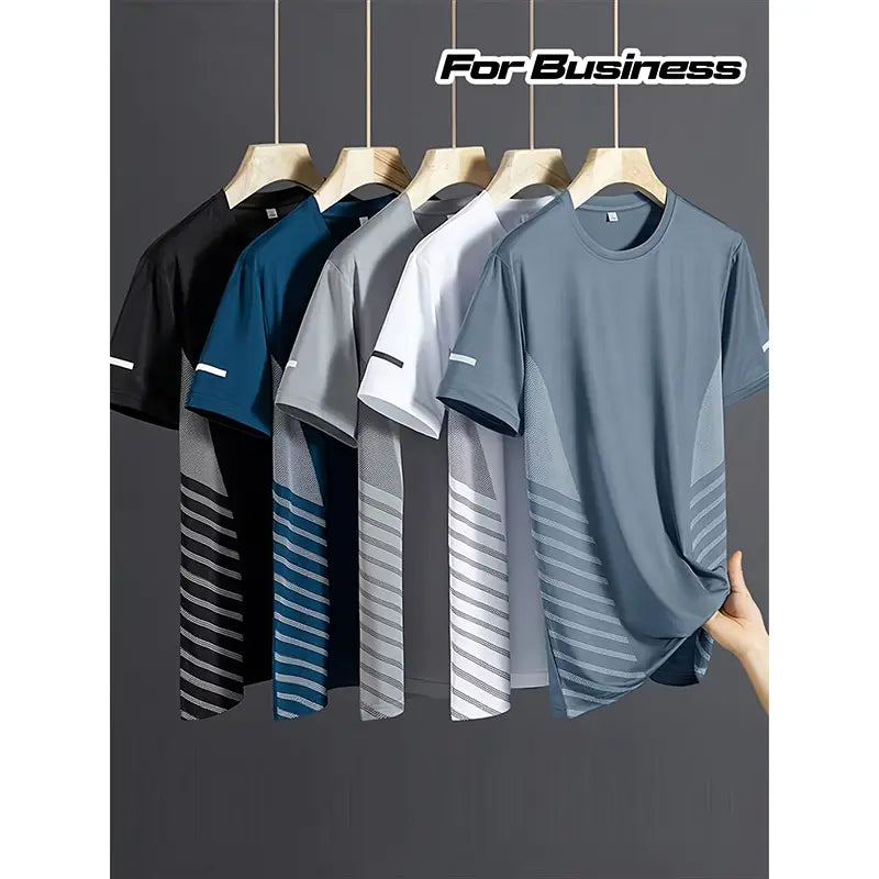 5 pack men’s short sleeve tops in multiple colors, business style for everyday casual wear; high elasticity for sports/fitness, quick drying and breathable, suitable for running, basketball, and workouts.
