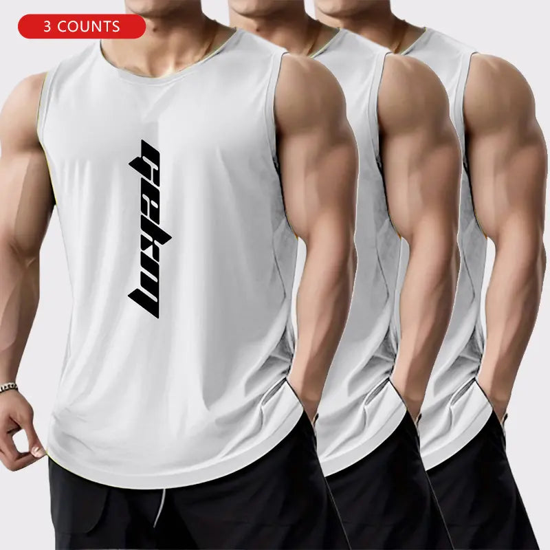 3-Pack Men's Letter Print Basketball Jersey Tank Tops - Breathable Polyester Mesh