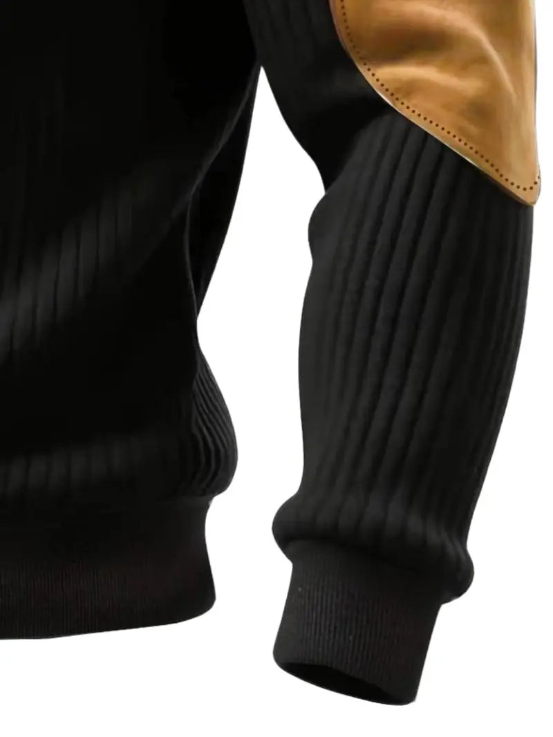 Men's Half-Zip Stand Collar Knit Top, Suede Texture Shoulder Patches, Bull Head Print, Slim Fit, Retro American Style, Casual Wear, Knitwear