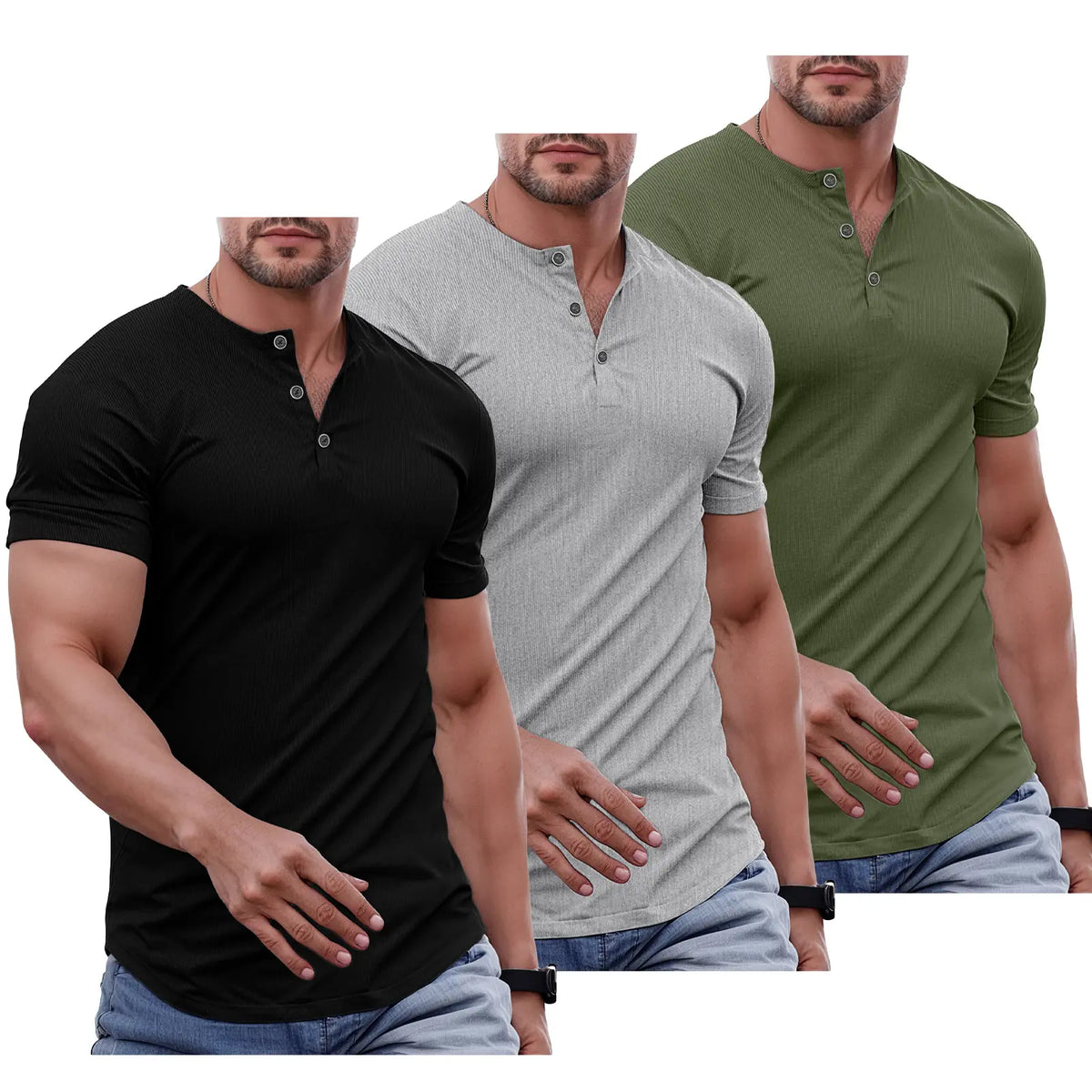Men's Slim Fit Henley Athletic Longline Workout T-Shirt Heavyweight Stretch