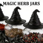 Witch Hat Spice Jar Set of 3 with Gothic Display Stand, Premium Glass Apothecary Spice Jars & Seasoning Containers for Salt, Pepper, Herbs, Spices, Halloween Kitchen Decor, Witchy Home Organization, Gothic Home Decor & Unique Gift