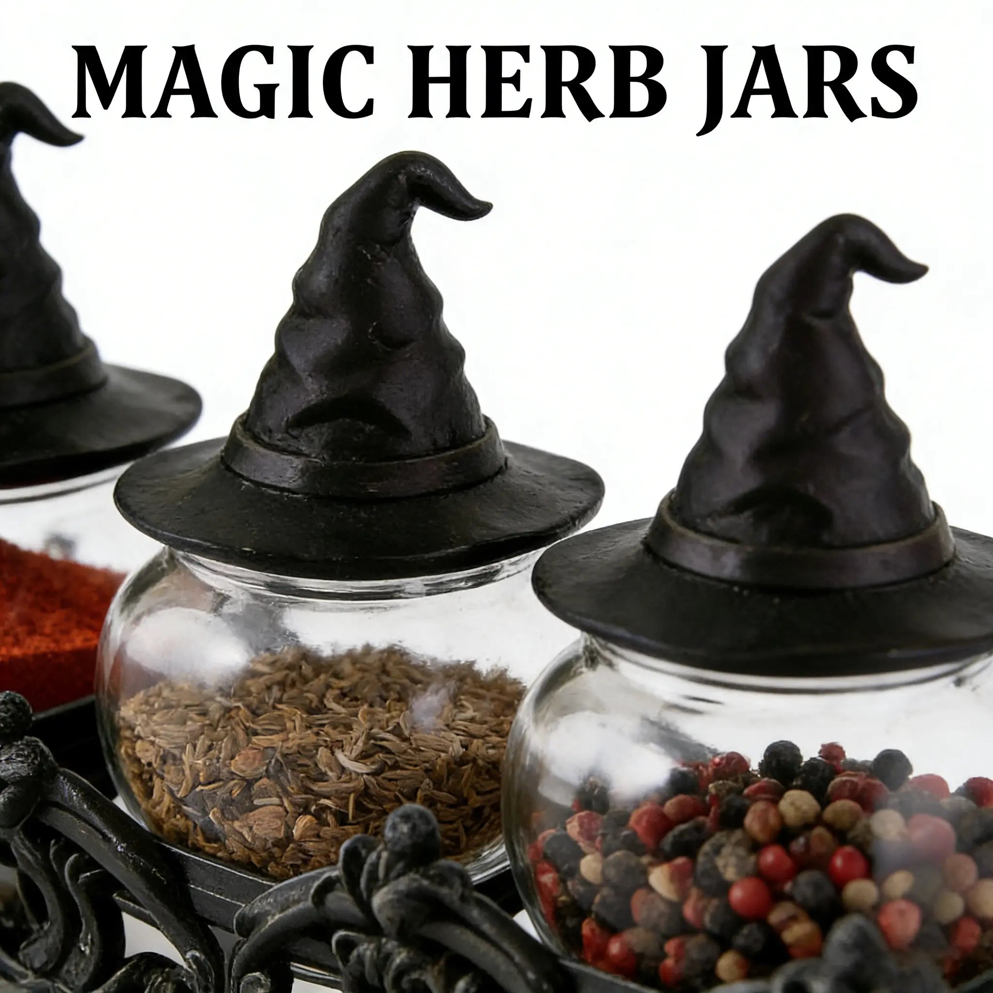 Witch Hat Spice Jar Set of 3 with Gothic Display Stand, Premium Glass Apothecary Spice Jars & Seasoning Containers for Salt, Pepper, Herbs, Spices, Halloween Kitchen Decor, Witchy Home Organization, Gothic Home Decor & Unique Gift