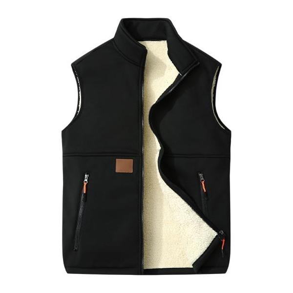 Men’s winter fleece-lined warm vest, sleeveless with full zipper closure and zippered pockets, available in multiple colors.