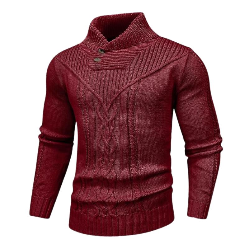 Men's Shawl Collar Cable Knit Pullover Sweater with Button Detail and Long Sleeves for Winter