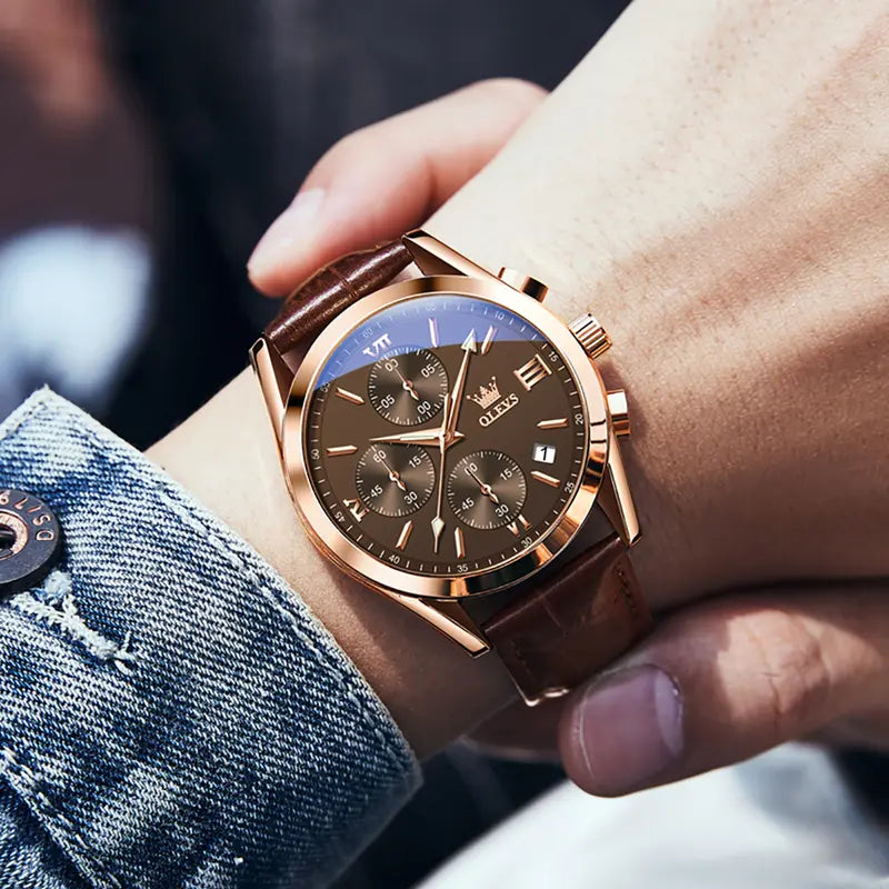 OLEVS Watch for Men Leather Casual Chronograph Analog Dress Strap Waterproof Luminous Fashion Easy to Read Gold Case Mans Watches
