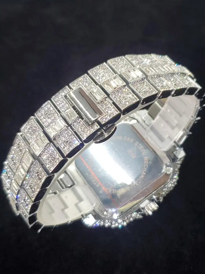 Men's Rhinestone Decorated Square Quartz Watch, Rhinestone Embellished Watch, for Men As Gift with Box, Square Dial, Stainless Steel Wristwatch, Rhinestone Watches