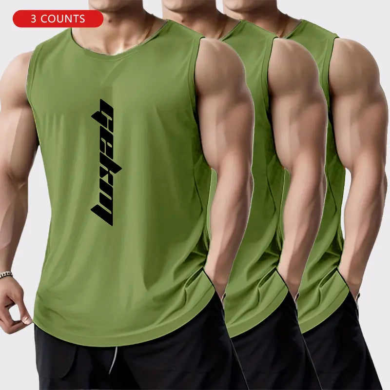 3-Pack Men's Letter Print Basketball Jersey Tank Tops - Breathable Polyester Mesh