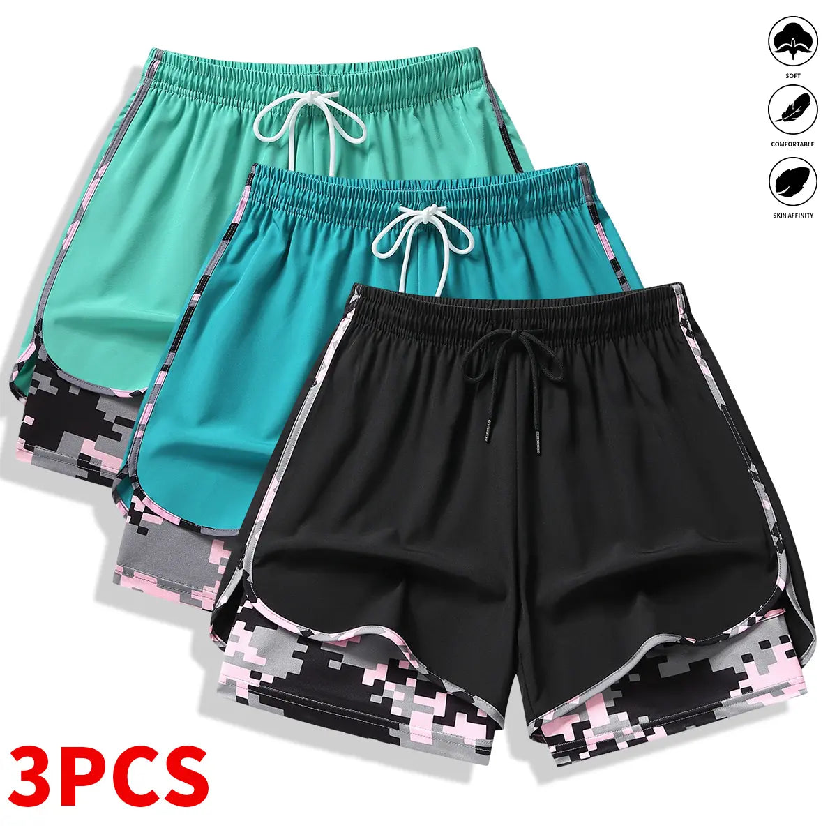 [3-Pack] Women's Athletic Shorts with Liner: Elastic Drawstring Running Shorts