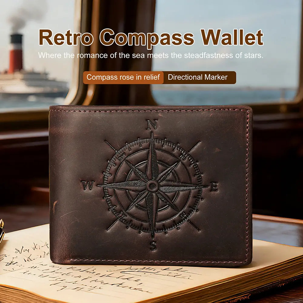 Men's Genuine Cowhide Short Wallet - Foldable, Compass Geometric Pattern, Compartmental Design, Multiple Card Slots, Large Capacity, Chic, Coin Holder/Purse, Casual Accessories for Adults, Ideal Father's Day Gift for Guys,sohochic