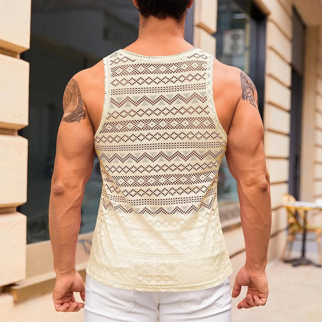 Runcati Mens See Through Vest Crewneck Sleeveless Tank Tops Muscle Sexy Mesh Shirts