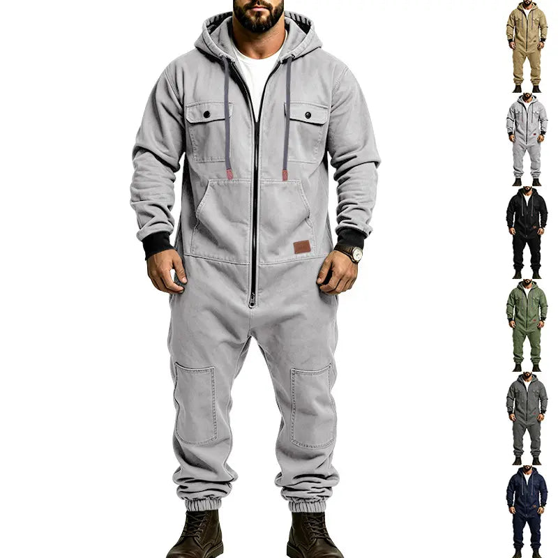 Men’s Hooded Cargo Jumpsuit for Men, Multi-Pocket Zip Front Workwear Coveralls, Relaxed Fit Long Sleeve Utility One Piece Outfit, Outdoor Work Hiking Camping Travel Streetwear Casual Overall with Elastic Cuffs and Drawstring Hood